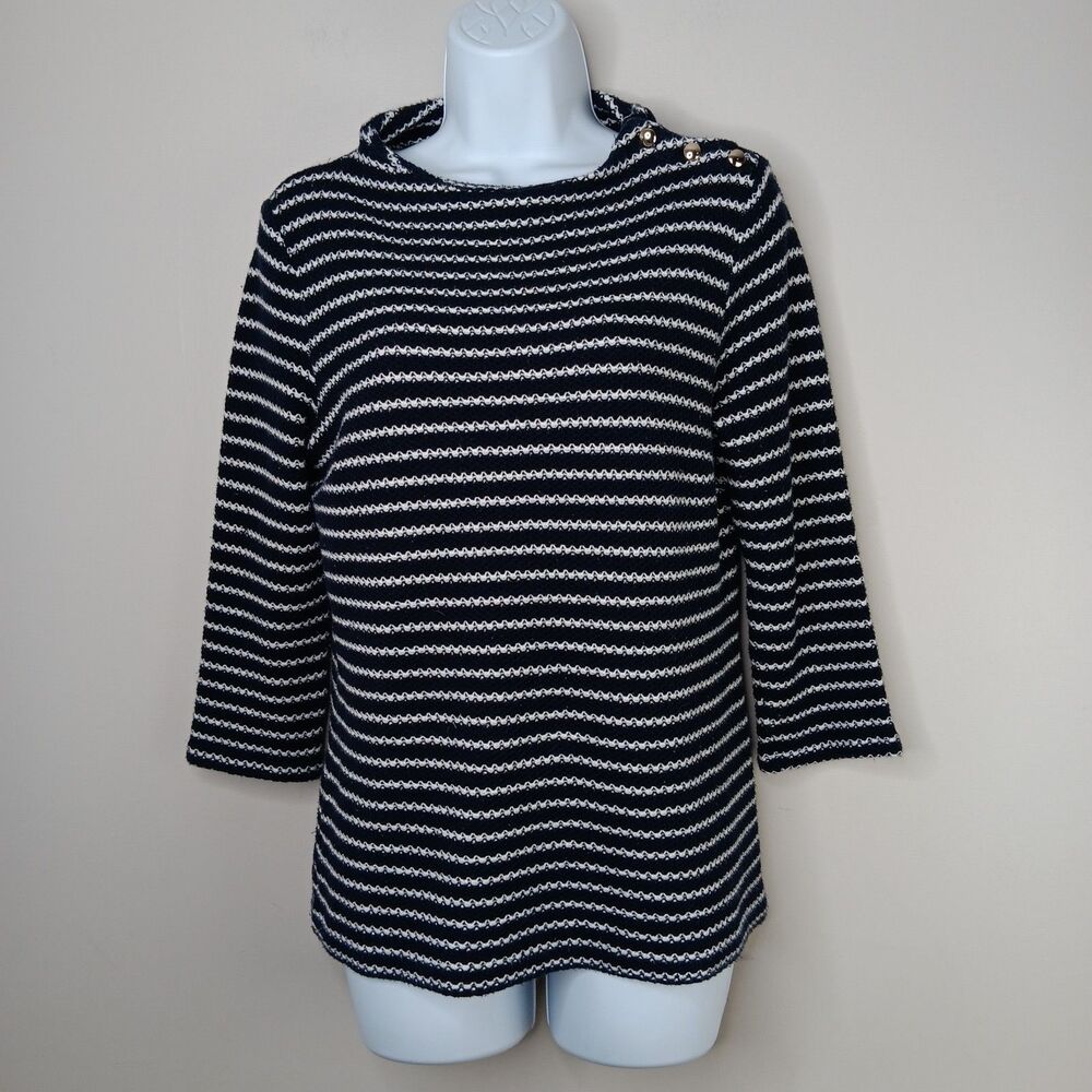 Talbots Sweater Women's Medium Knit Black White Stripe Nautical Country Club